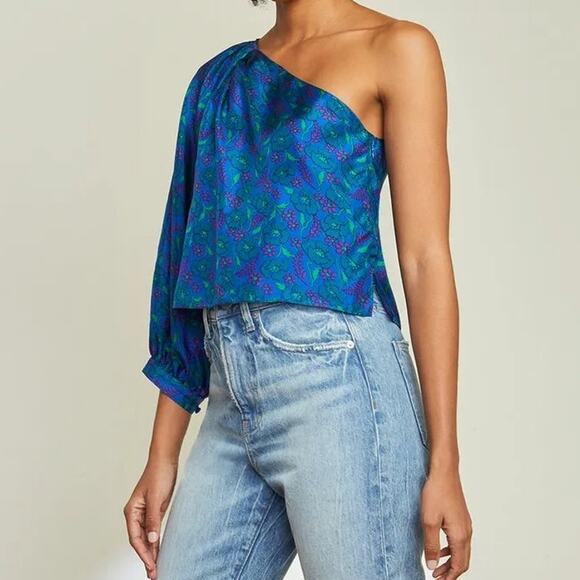 Veronica Beard Lyric Top in Cobalt Floral One Shoulder Blouse - Picture 8 of 10